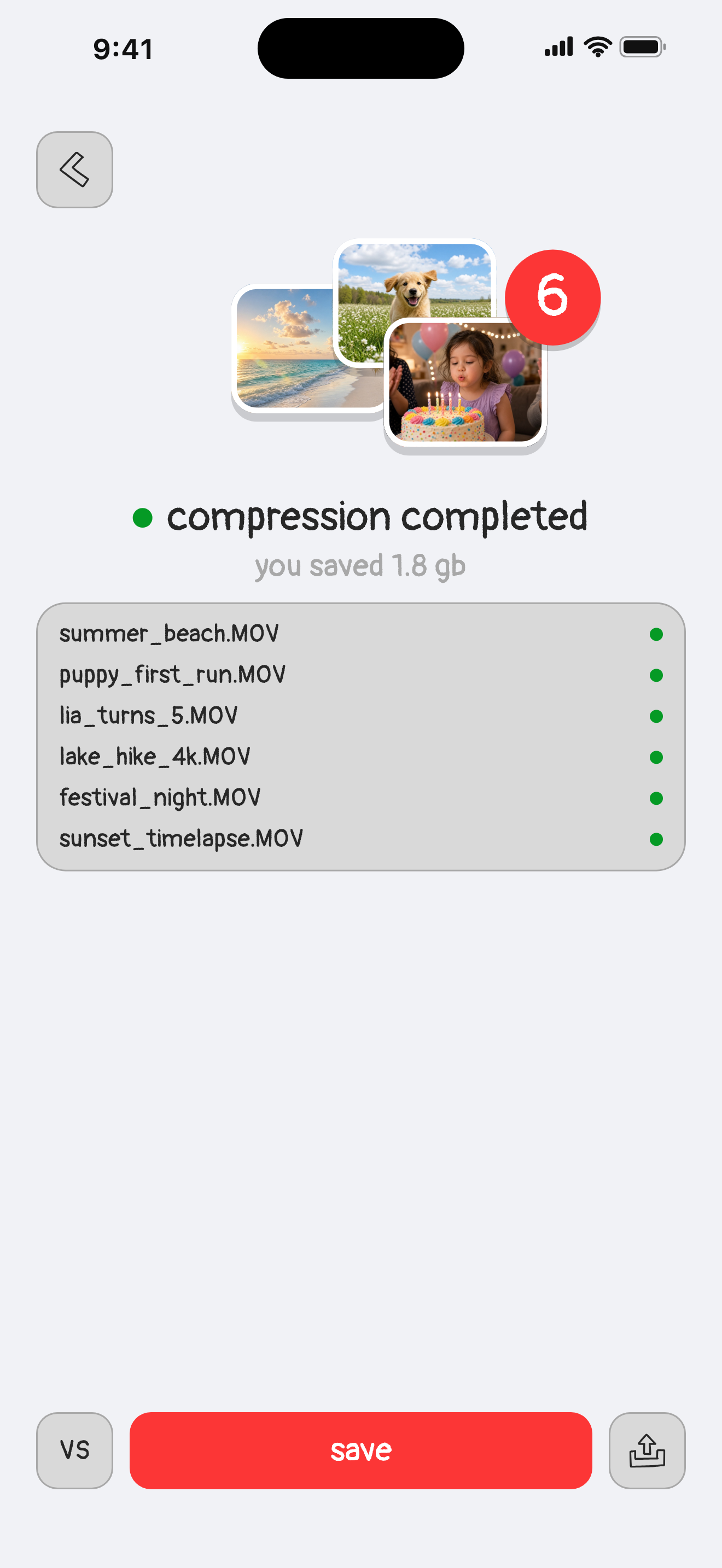 Compression completed: six videos saved, 1.8 GB freed